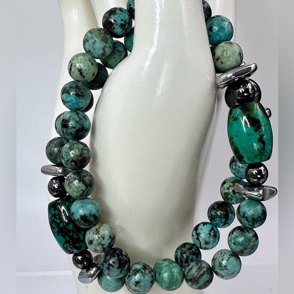 AFRICAN TURQUOISE + HEMATITE NATURAL STONES BRACELET SZ 7” set - Picture 2 of 10